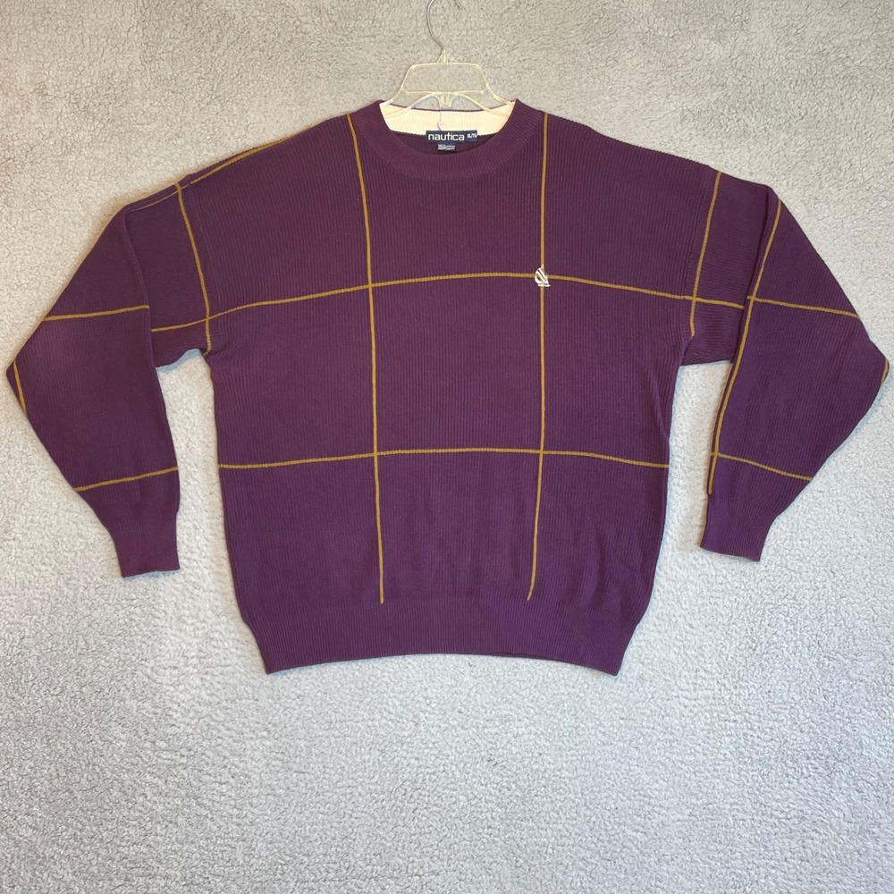 Nautica XL Sweater Mens Crew Neck Purple Gold Plaid Knit Cotton Pullover